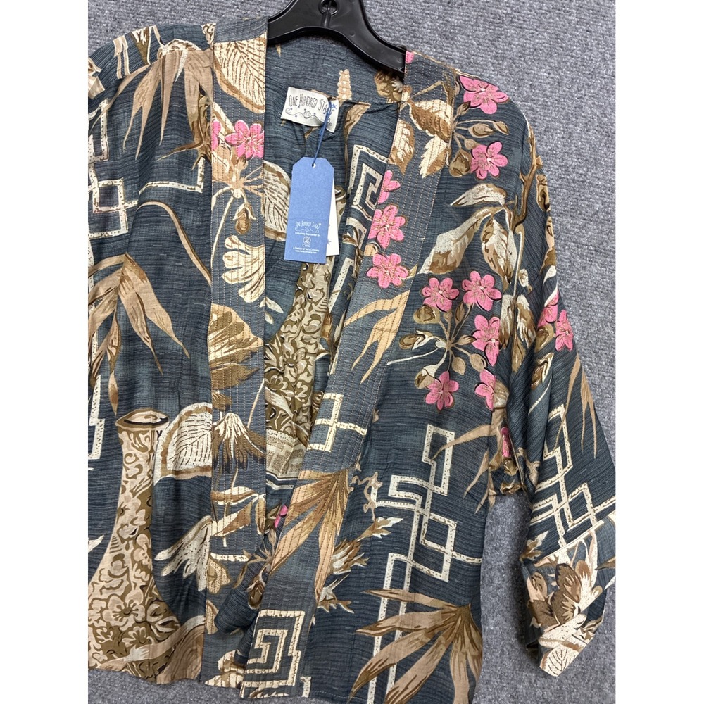 One Hundred Stars Slate Bamboo Kimono Jacket Floral Viscose Modal Blue Grey NWT